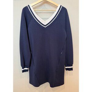 Aerie Offline Women's Mini V-Neck Varsity Relaxed Long Sleeve Dress Medium Navy